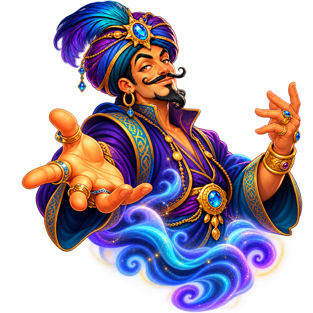 Cristobal, wearing his jeweled turban and presenting both naturally formed hands